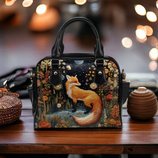 Faux-Embroidered Fox Vegan Leather Bowler Purse