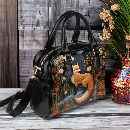 Faux-Embroidered Fox Vegan Leather Bowler Purse