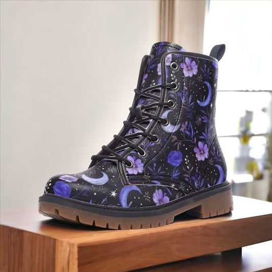 Purple Moons & Flowers Witchy Vegan Combat Boots