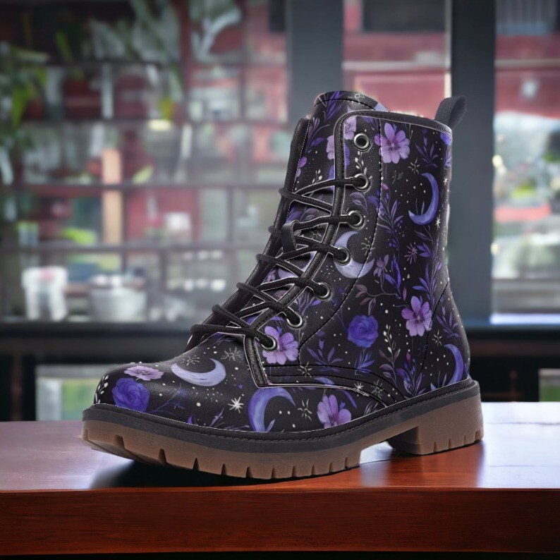 Purple Moons & Flowers Witchy Vegan Combat Boots