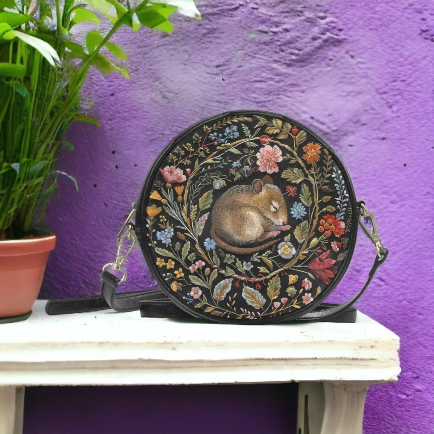 Faux-Embroidered Dormouse & Flowers Vegan Leather Cross body Purse