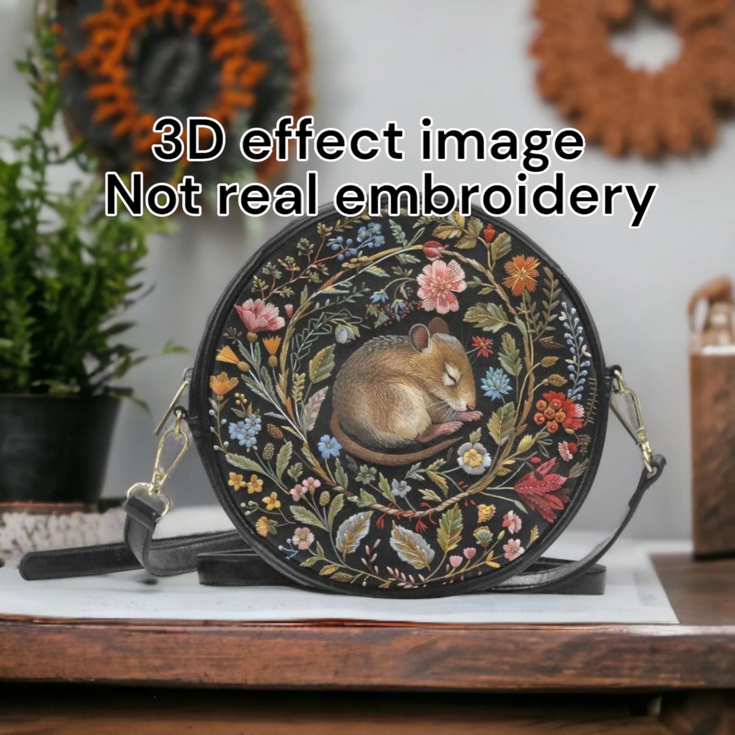 Faux-Embroidered Dormouse & Flowers Vegan Leather Cross body Purse
