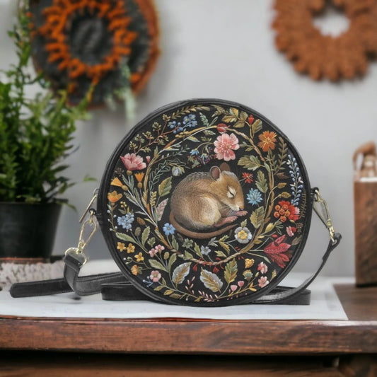 Faux-Embroidered Dormouse & Flowers Vegan Leather Cross body Purse