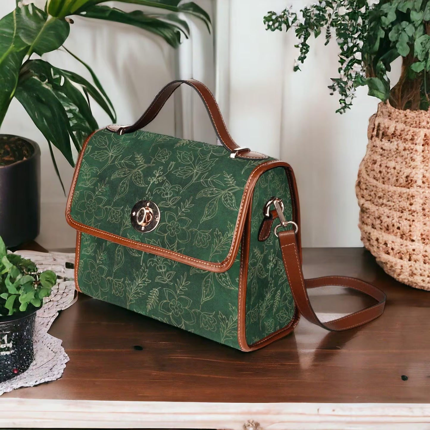 Emerald Green and Faux Gold Botanical Satchel