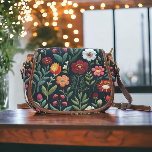 Folk Flowers Faux-embroidery Saddle Bag