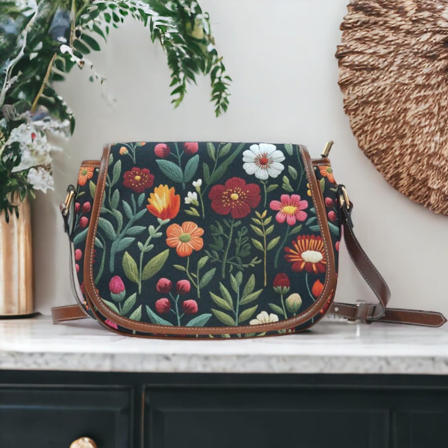 Folk Flowers Faux-embroidery Saddle Bag