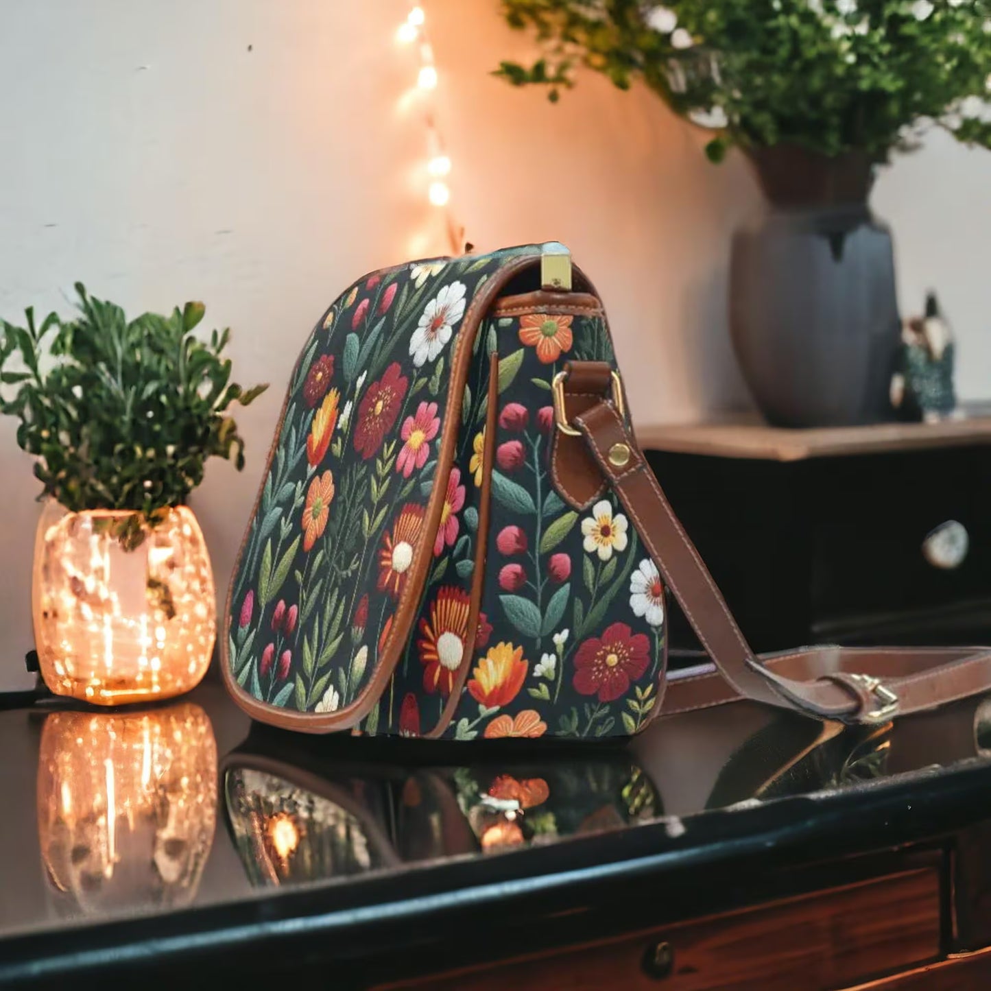 Folk Flowers Faux-embroidery Saddle Bag
