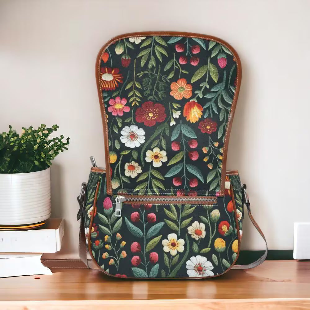 Folk Flowers Faux-embroidery Saddle Bag