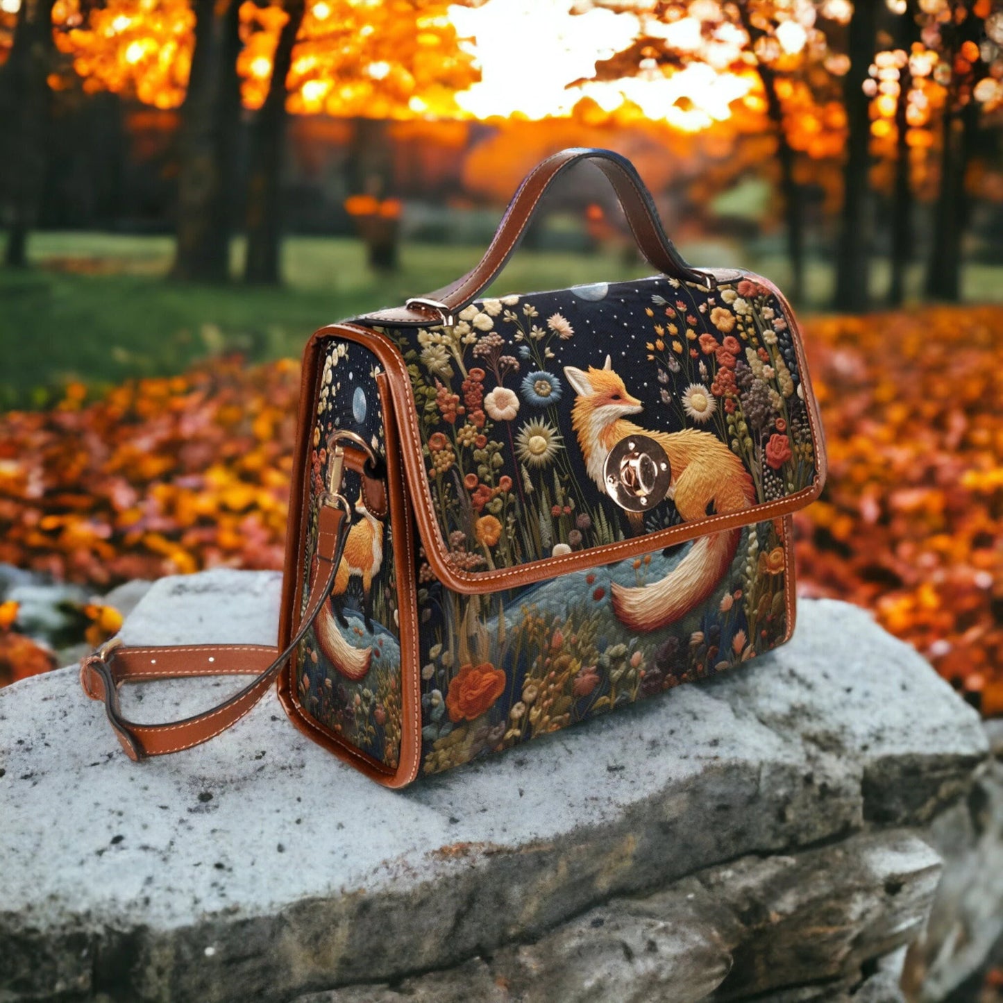Faux-Embroidered Fox Floral Satchel & Wallet Set