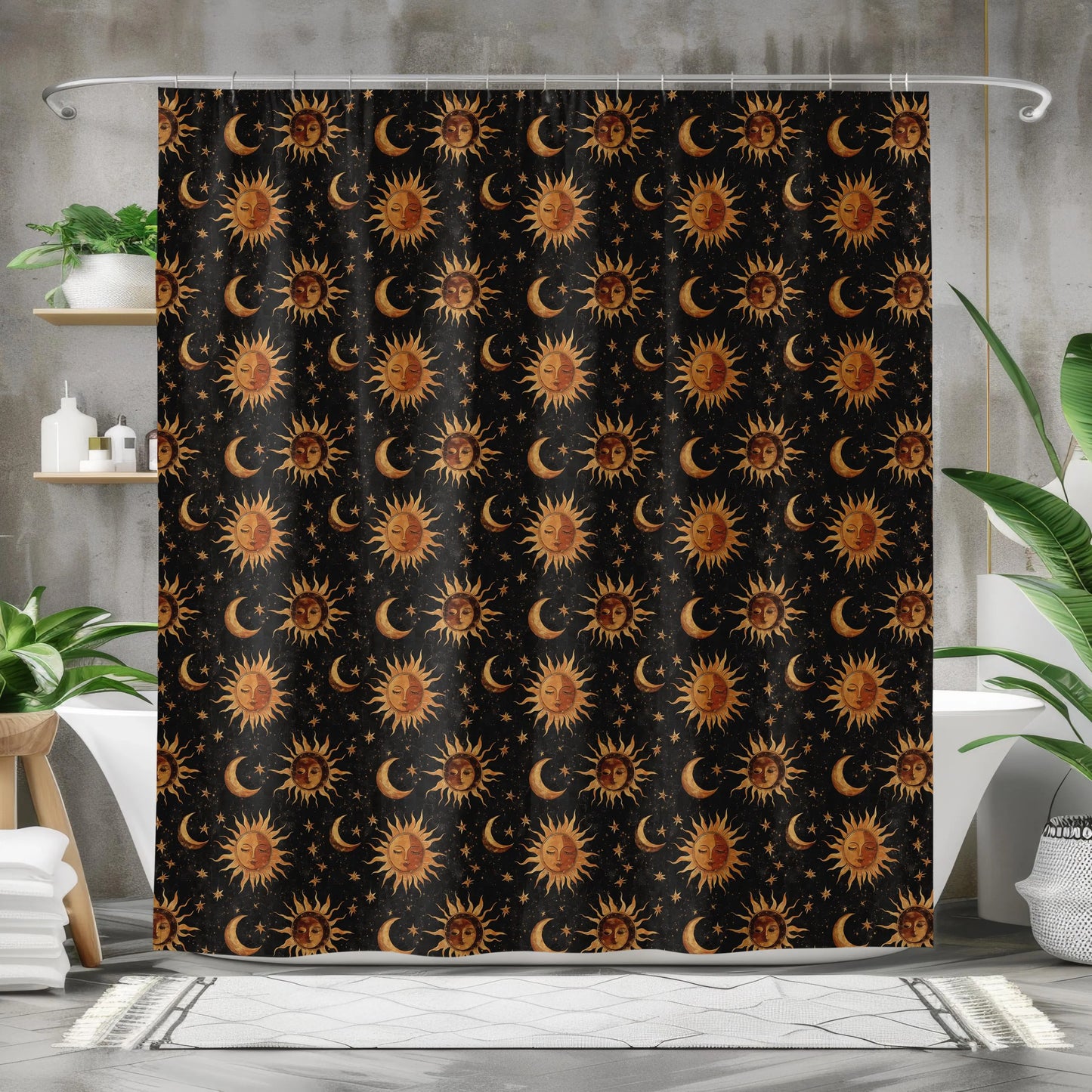 Boho Whimsigoth Medieval Suns Moons Shower Curtain & Bath Mat Set