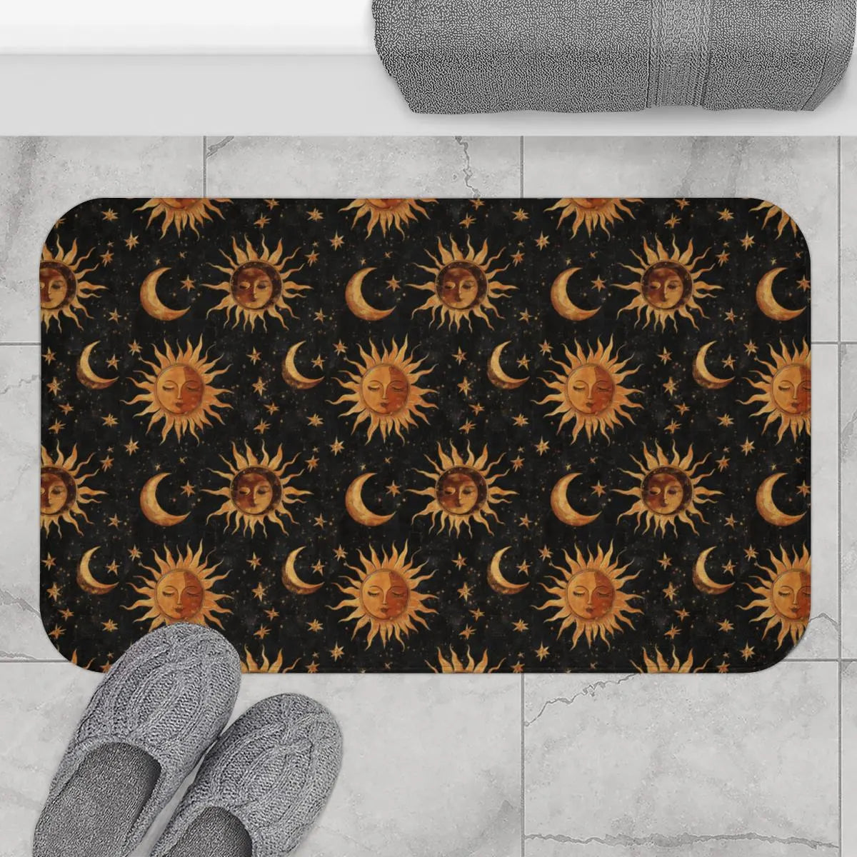 Boho Whimsigoth Medieval Suns Moons Shower Curtain & Bath Mat Set