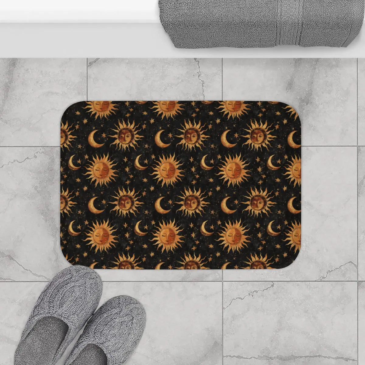 Boho Whimsigoth Medieval Suns Moons Shower Curtain & Bath Mat Set