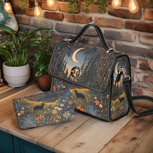 Faux-Embroidered Black Cat Flower Meadown Moon Handbag & Clutch Wallet Set