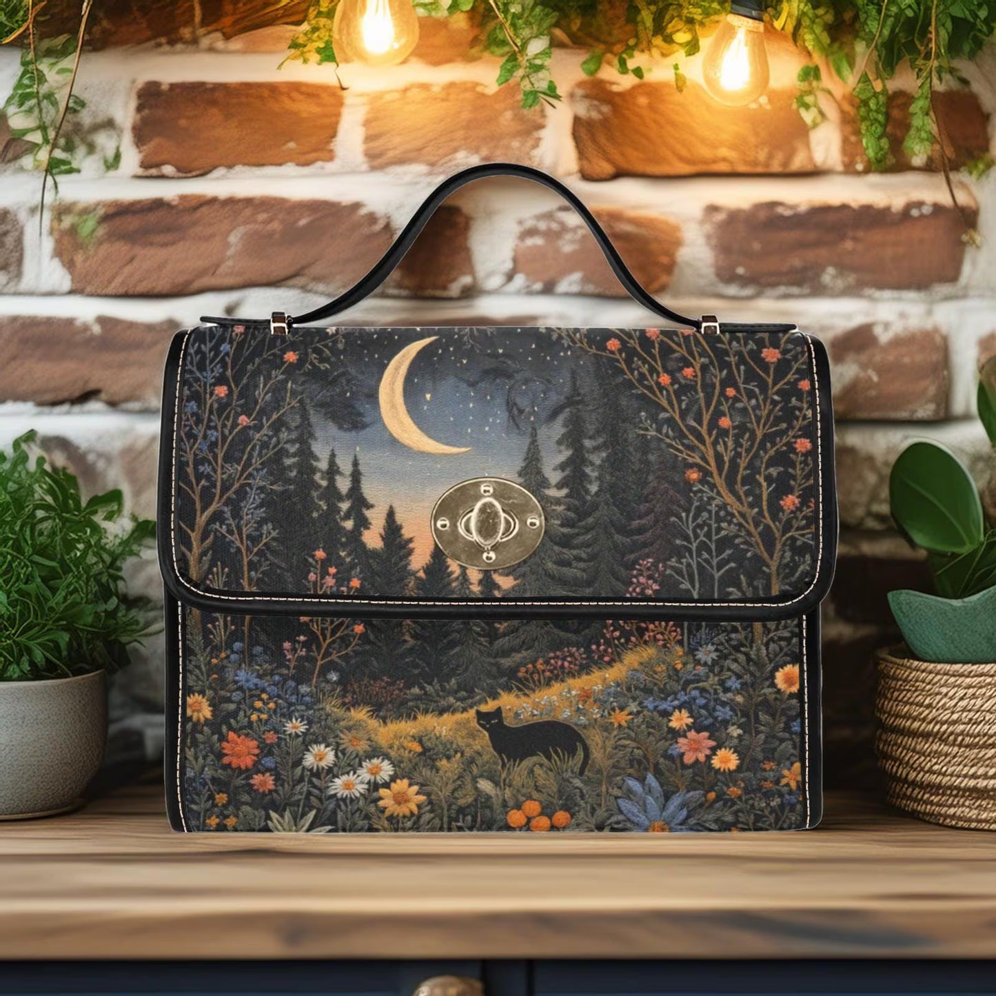 Faux-Embroidered Black Cat Flower Meadown Moon Handbag & Clutch Wallet Set