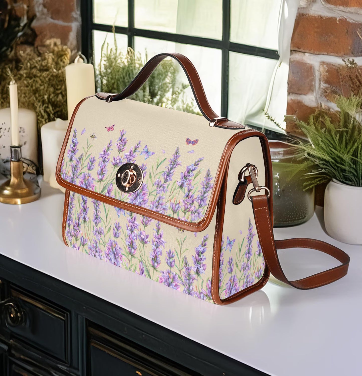 Boho Lavender Fields on Cream Satchel