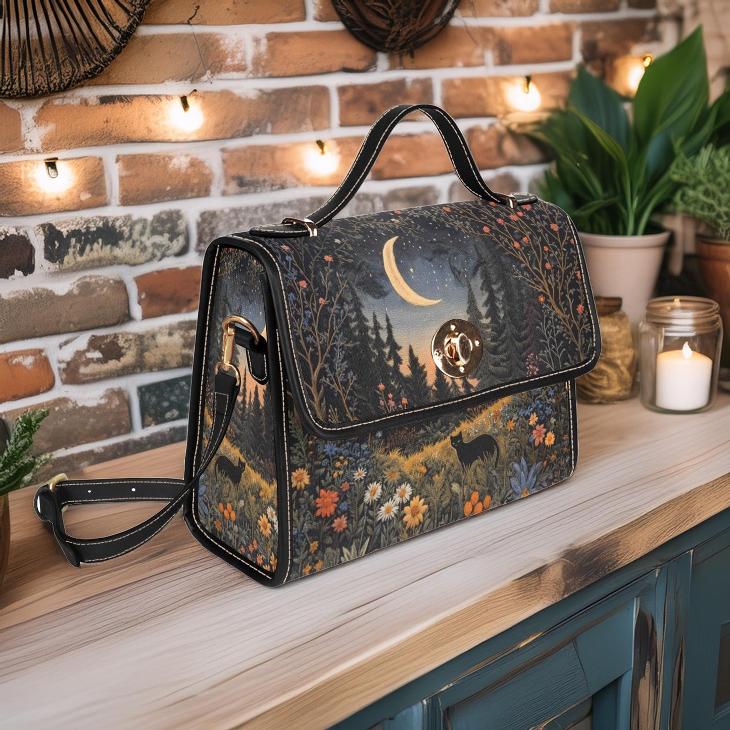 Faux-Embroidered Black Cat Flower Meadown Moon Handbag & Clutch Wallet Set