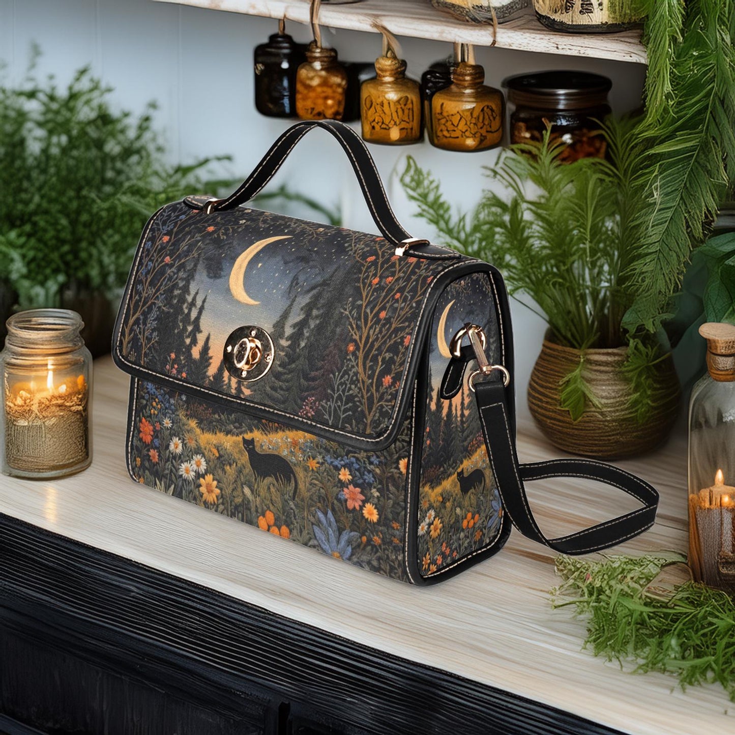 Faux-Embroidered Black Cat Flower Meadown Moon Handbag & Clutch Wallet Set