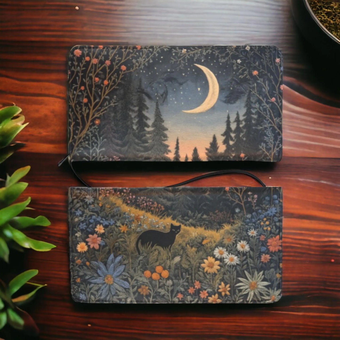 Faux-Embroidered Black Cat Flower Meadown Moon Handbag & Clutch Wallet Set