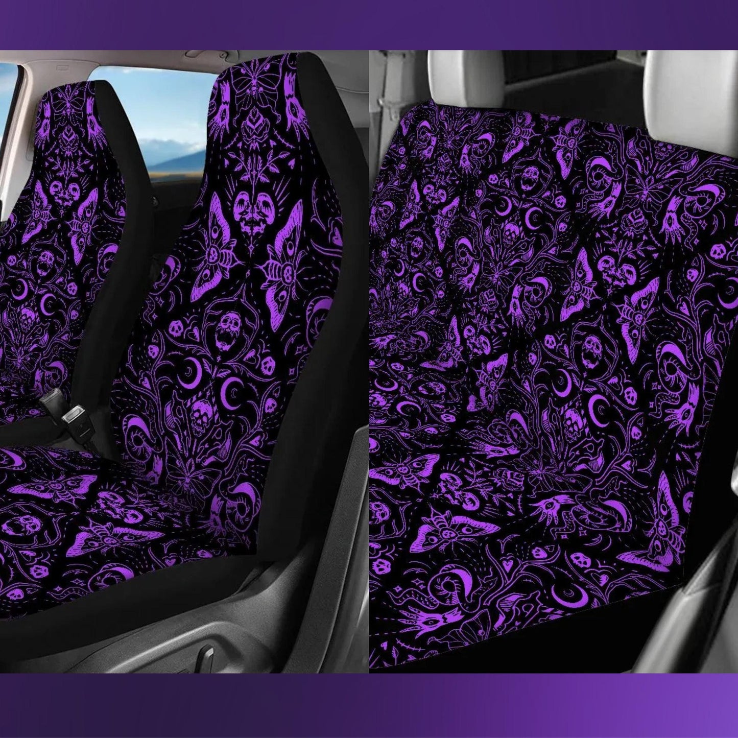 Gothic Purple Skulls Moths Car Seat Covers Set