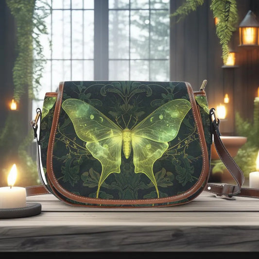 Green butterfly-patterned bag on a wooden surface with candles and plants in the background