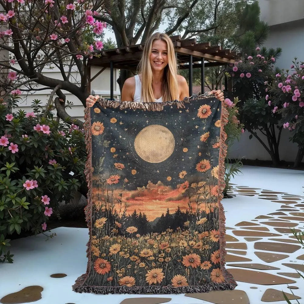 Celestial Moon Flowers Woven Blanket