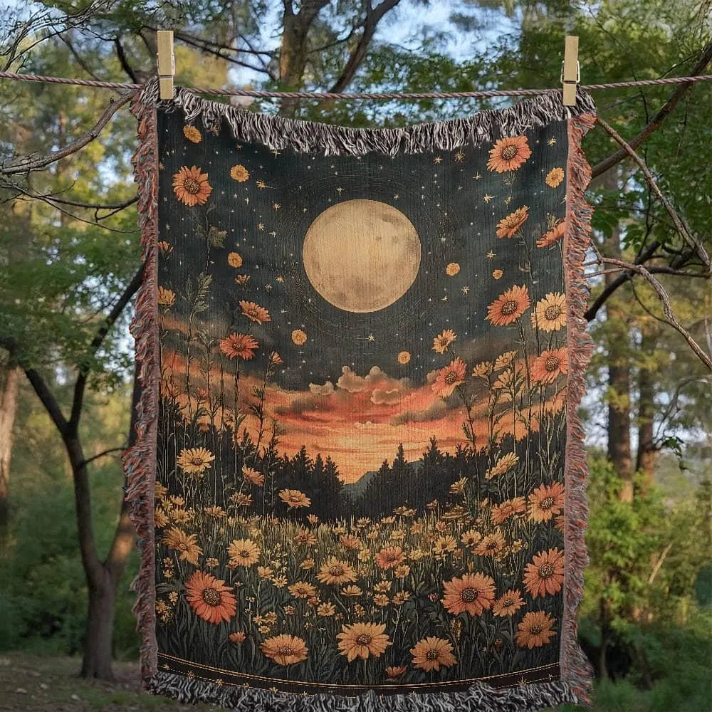 Celestial Moon Flowers Woven Blanket