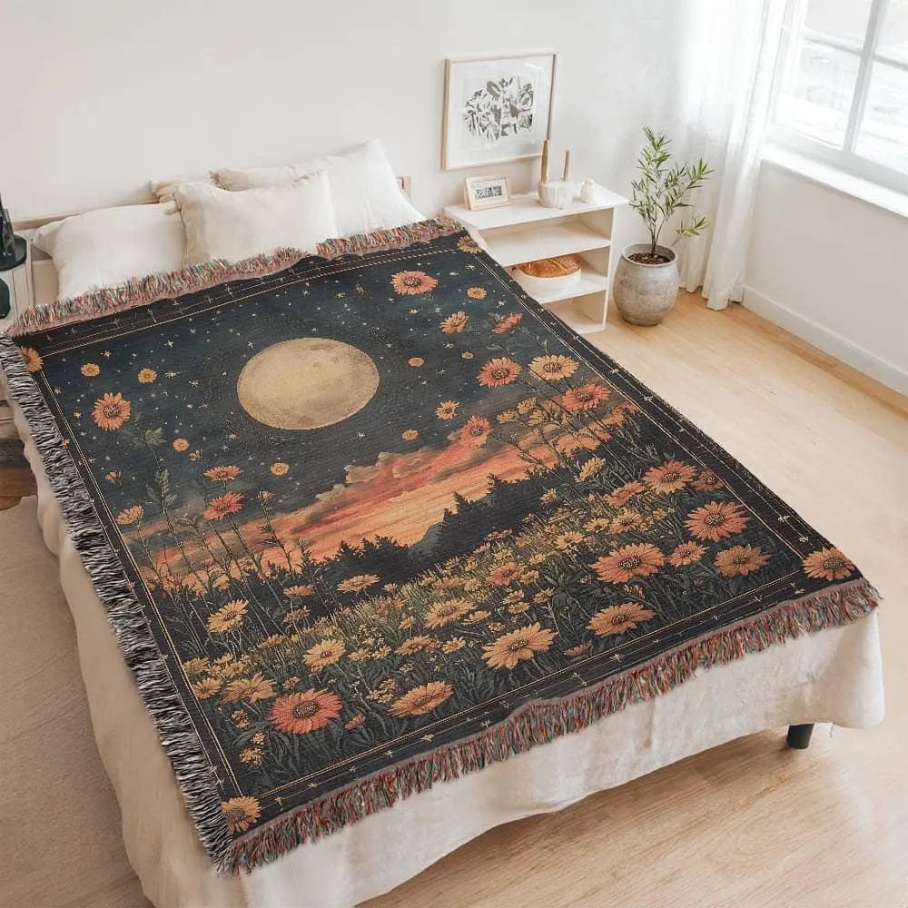 Celestial Moon Flowers Woven Blanket