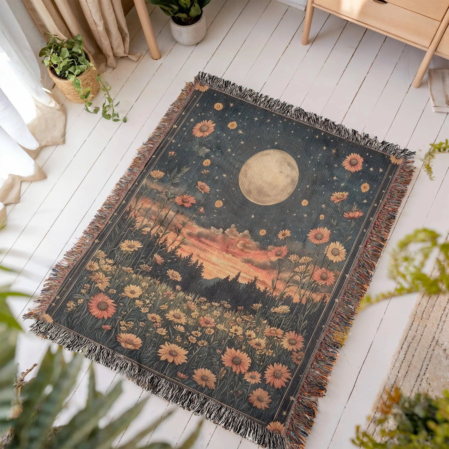 Celestial Moon Flowers Woven Blanket