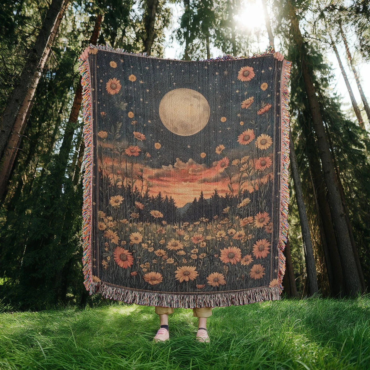 Celestial Moon Flowers Woven Blanket