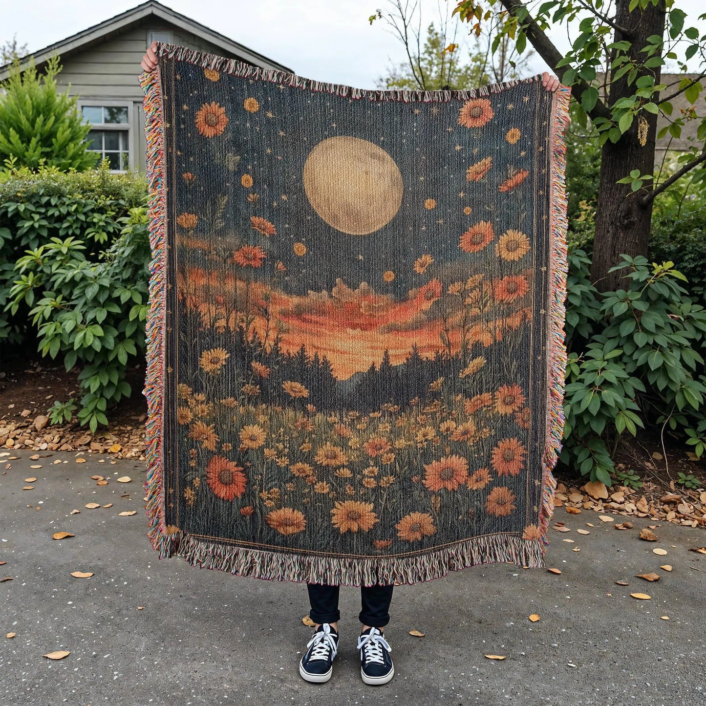 Celestial Moon Flowers Woven Blanket