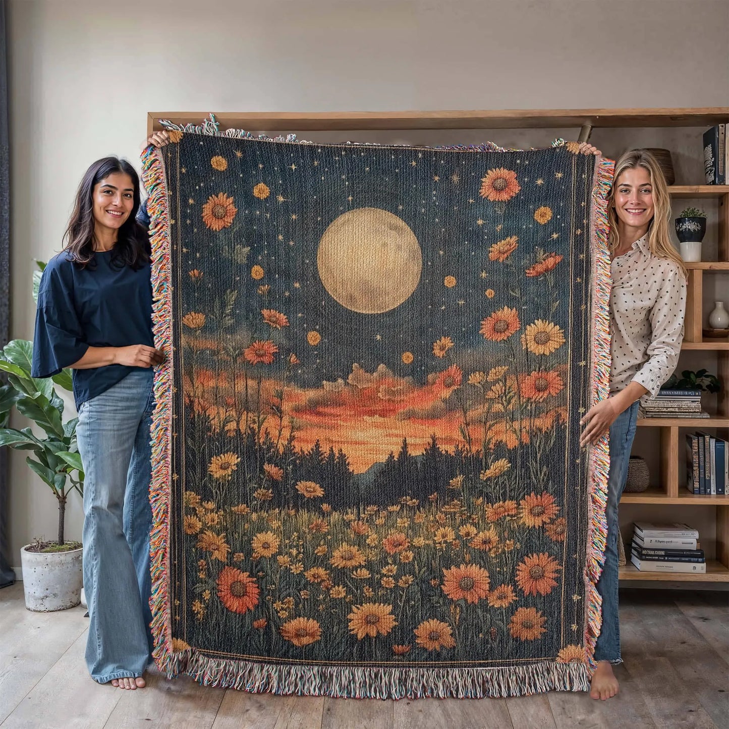Celestial Moon Flowers Woven Blanket