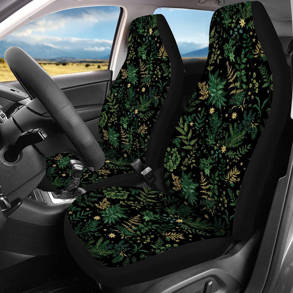 Dark Botanical Faux-embroidery Ferns & Stars Car Seat Covers and Accessories Set