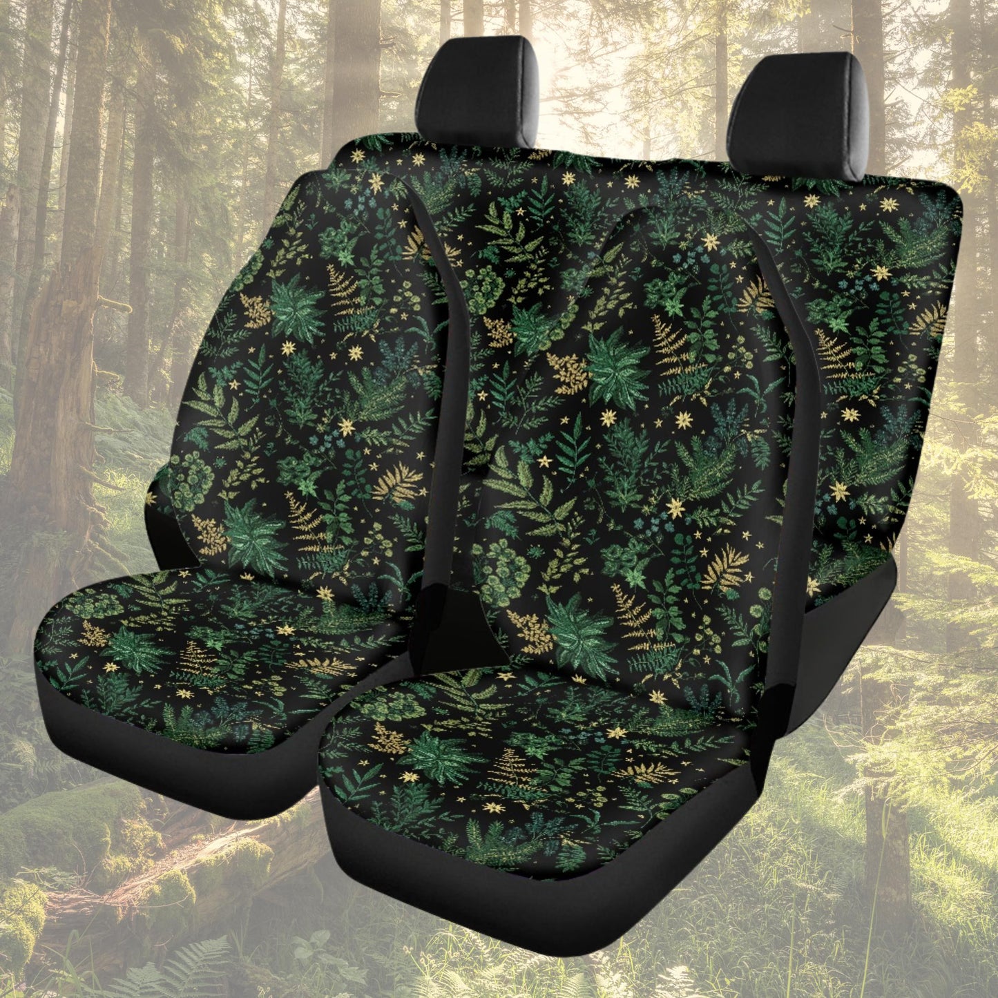 Dark Botanical Faux-embroidery Ferns & Stars Car Seat Covers and Accessories Set