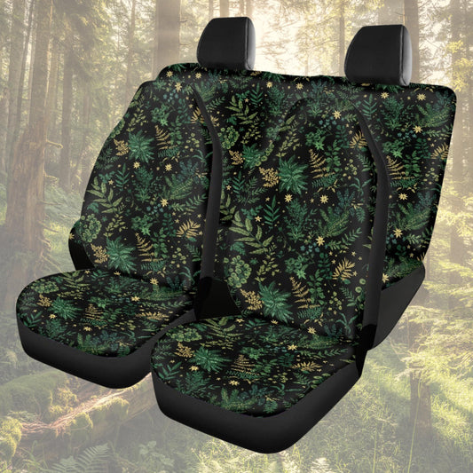 Dark Botanical Faux-embroidery Ferns & Stars Car Seat Covers and Accessories Set