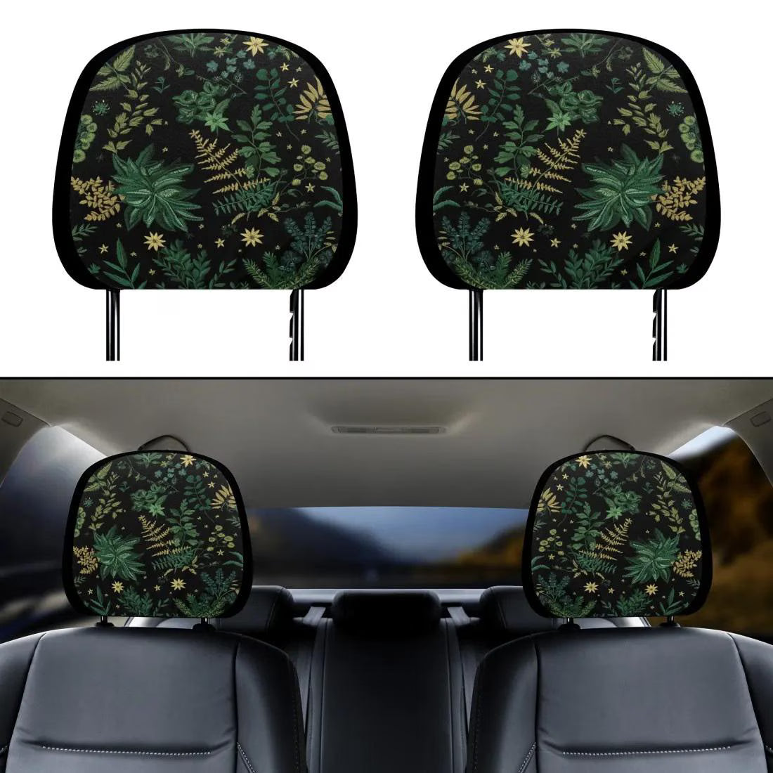 Dark Botanical Faux-embroidery Ferns & Stars Car Seat Covers and Accessories Set