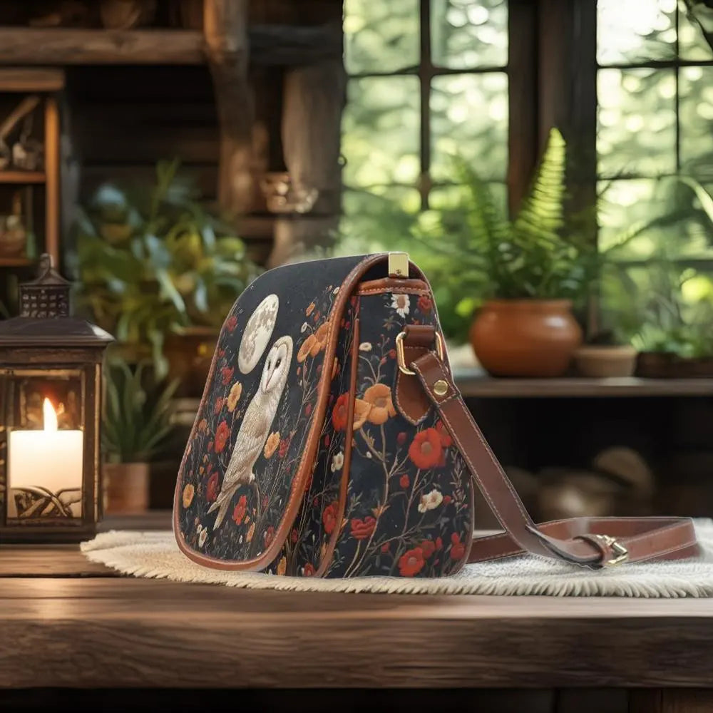 Barn Owl, Moon & Flowers Saddle Bag Purse