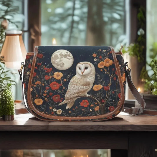 Barn Owl, Moon & Flowers Saddle Bag Purse