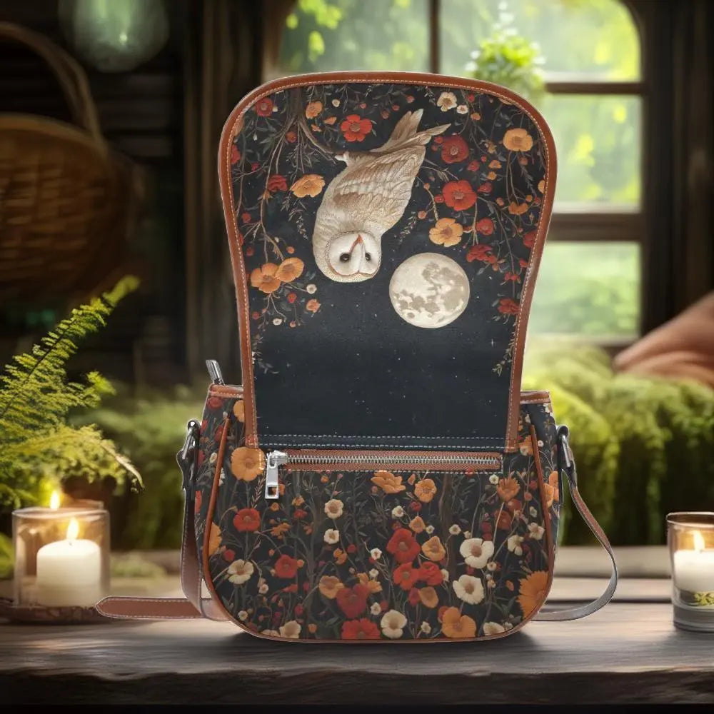 Barn Owl, Moon & Flowers Saddle Bag Purse