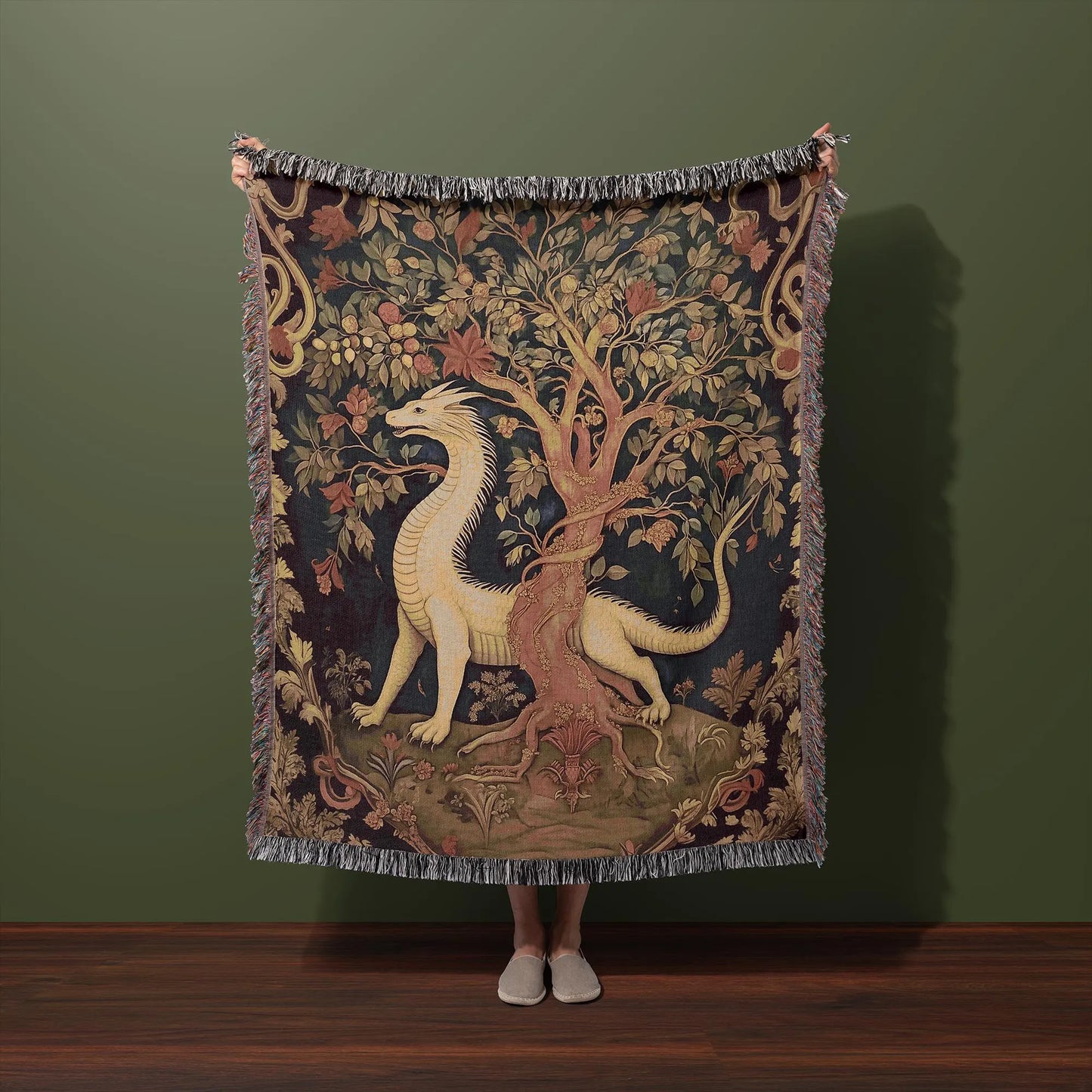 Medieval Dragon & Tree Tapestry Woven Blanket