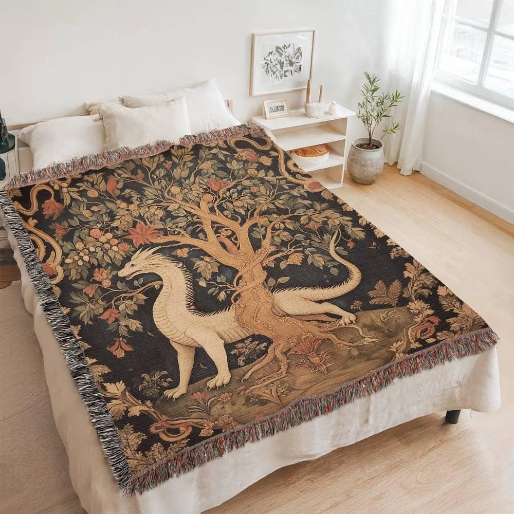 Medieval Dragon & Tree Tapestry Woven Blanket