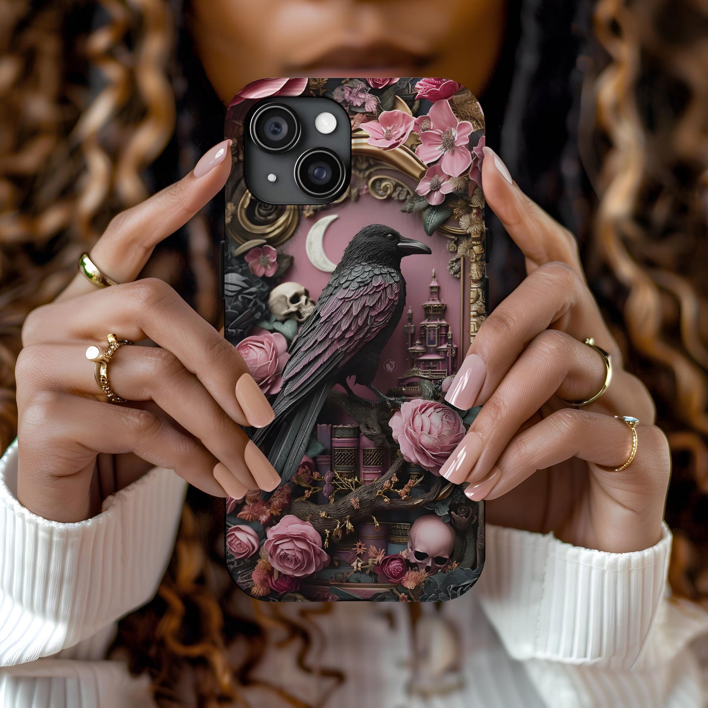 Gothic 3D effect Raven Floral Phone Case