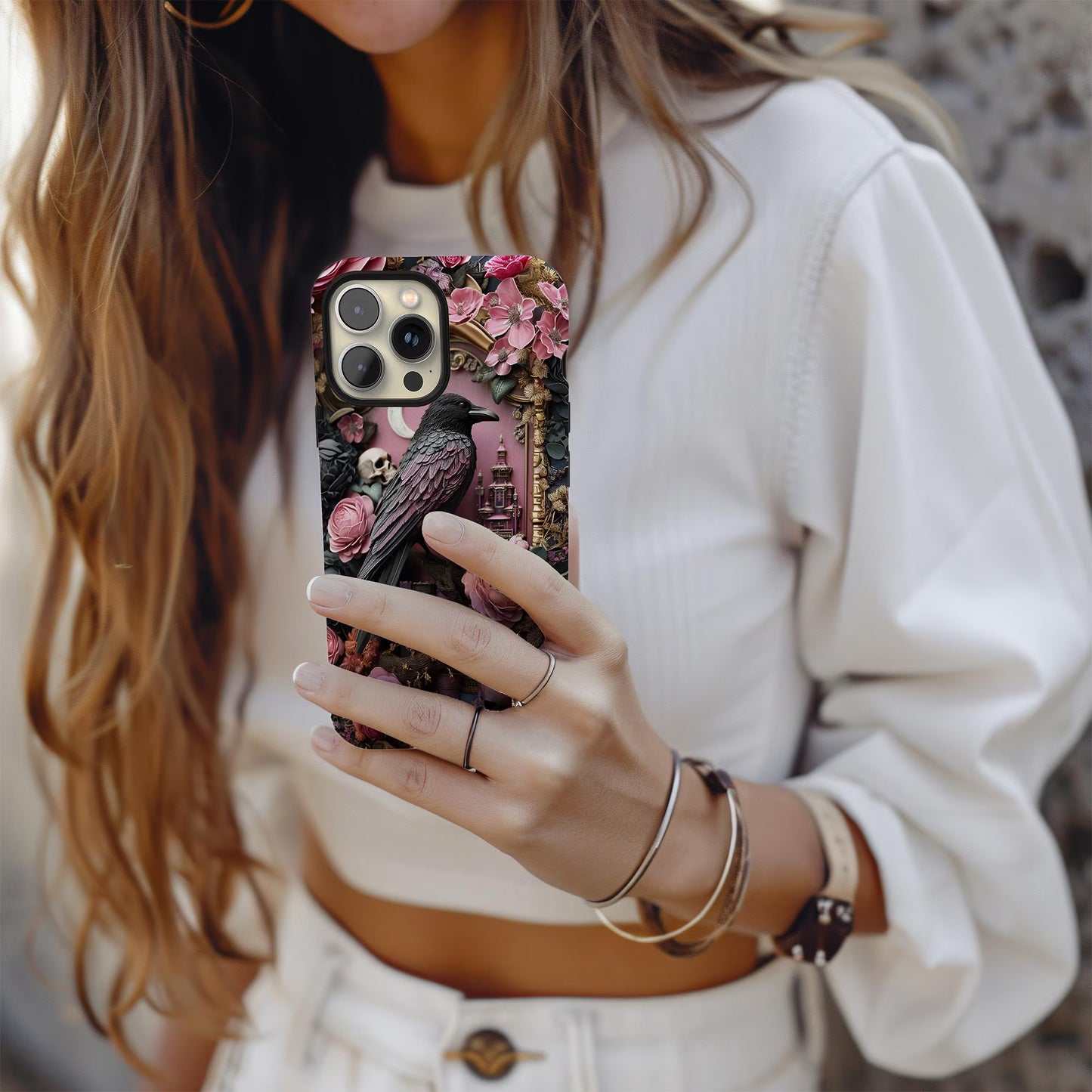 Gothic 3D effect Raven Floral Phone Case