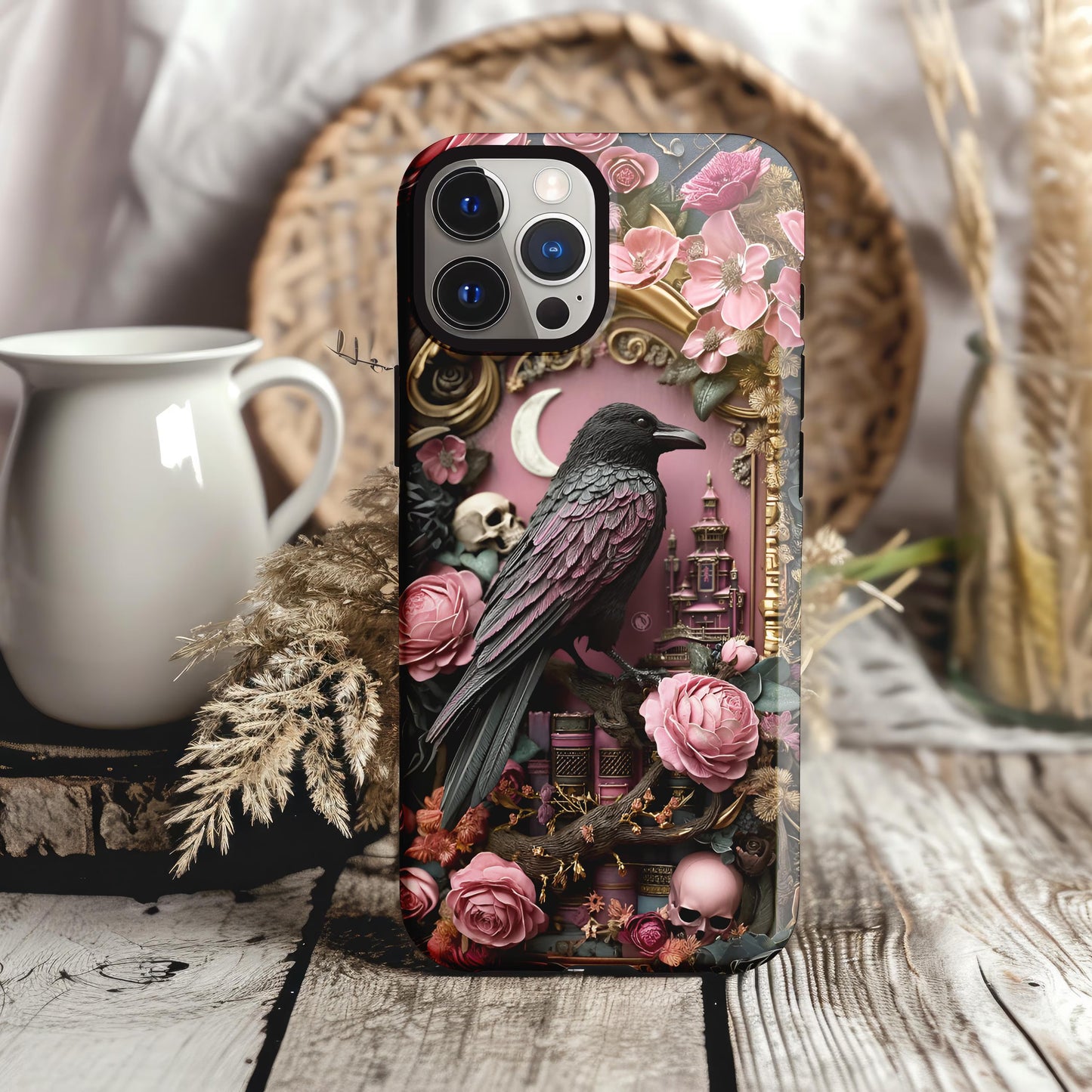 Gothic 3D effect Raven Floral Phone Case