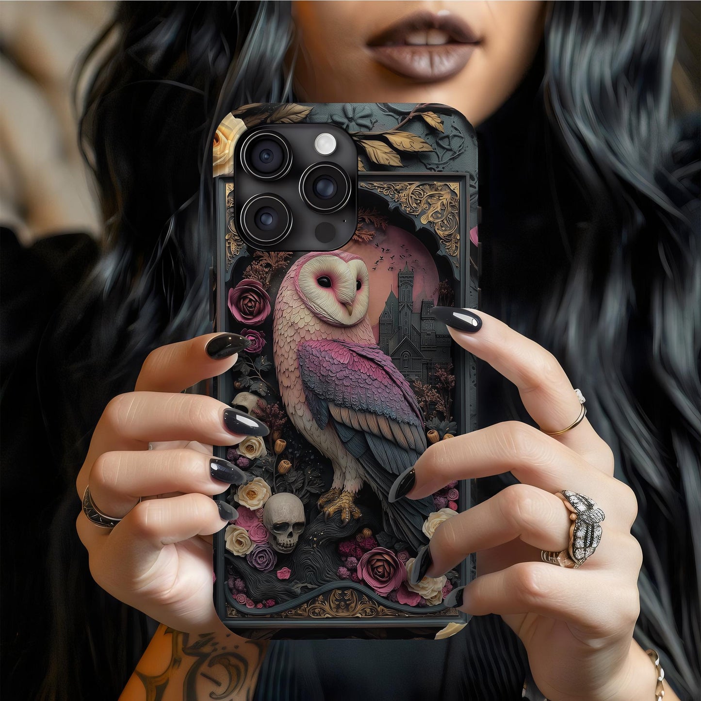 Gothic Owl Tough Phone Case - Unique Floral Design