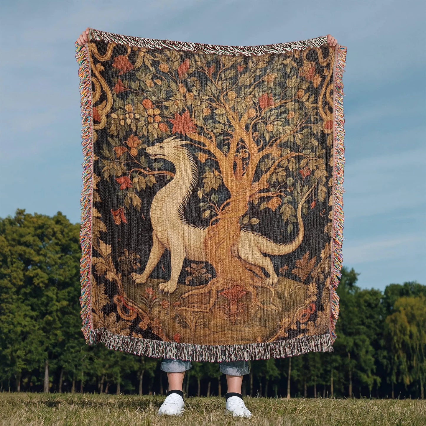 Medieval Dragon & Tree Tapestry Woven Blanket