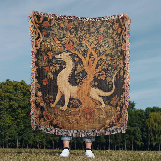 Medieval Dragon & Tree Tapestry Woven Blanket