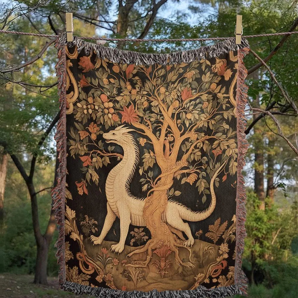 Medieval Dragon & Tree Tapestry Woven Blanket