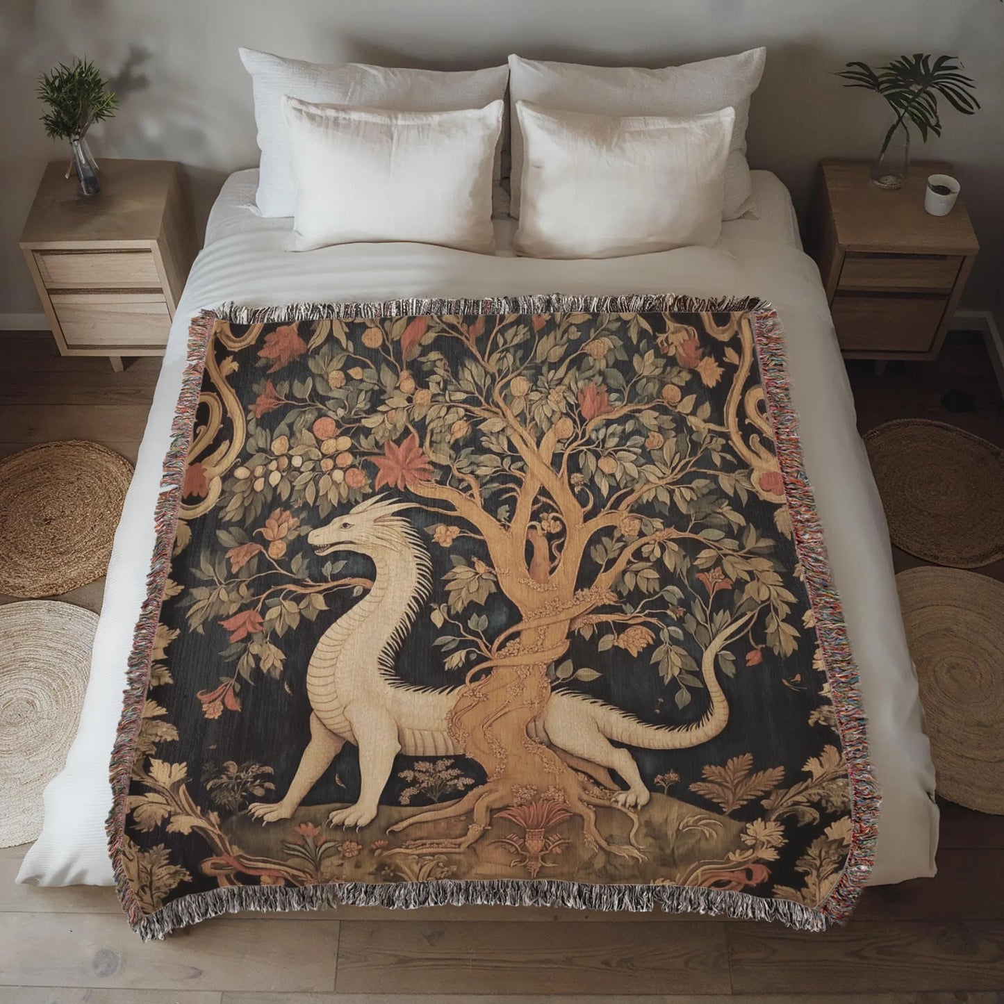 Medieval Dragon & Tree Tapestry Woven Blanket