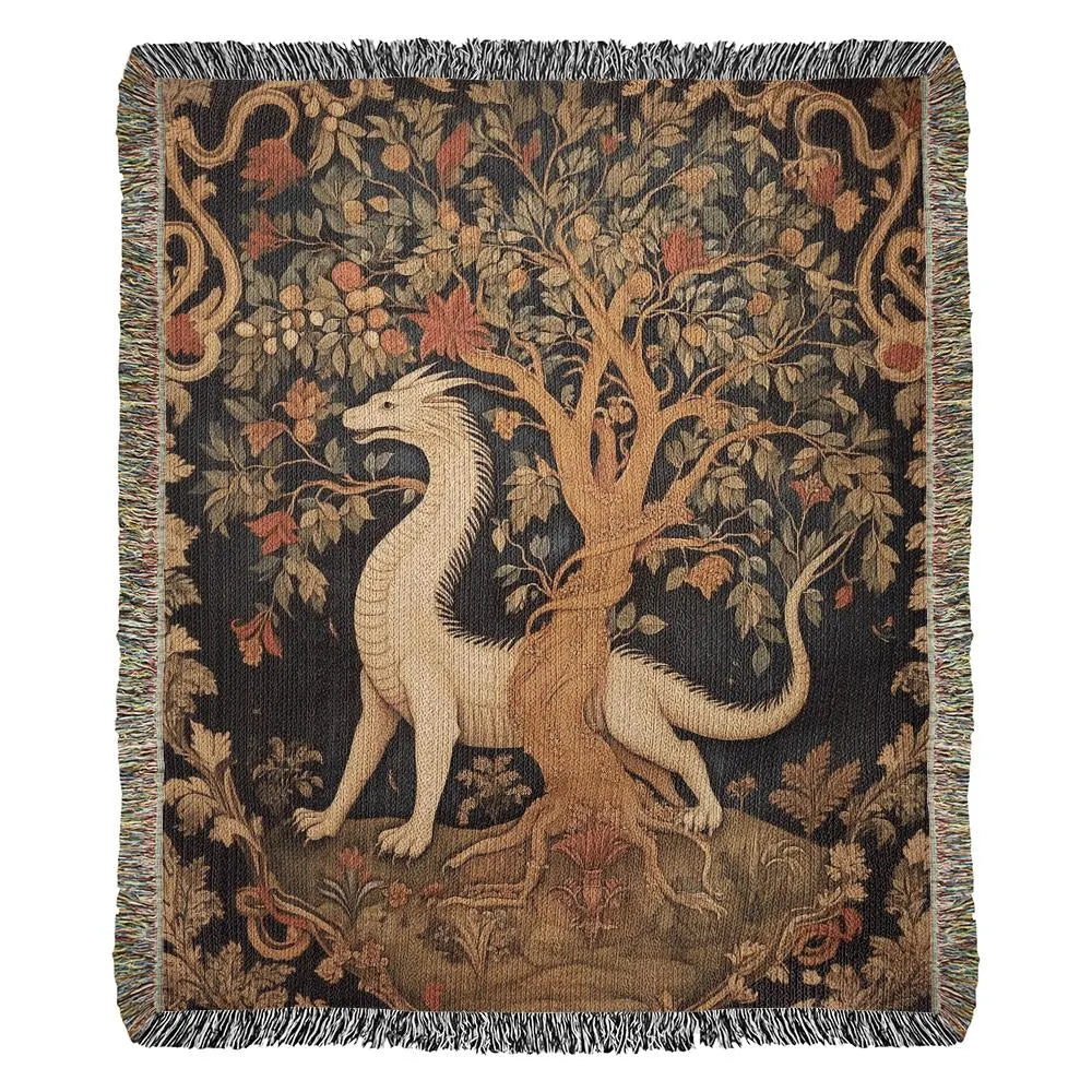 Medieval Dragon & Tree Tapestry Woven Blanket