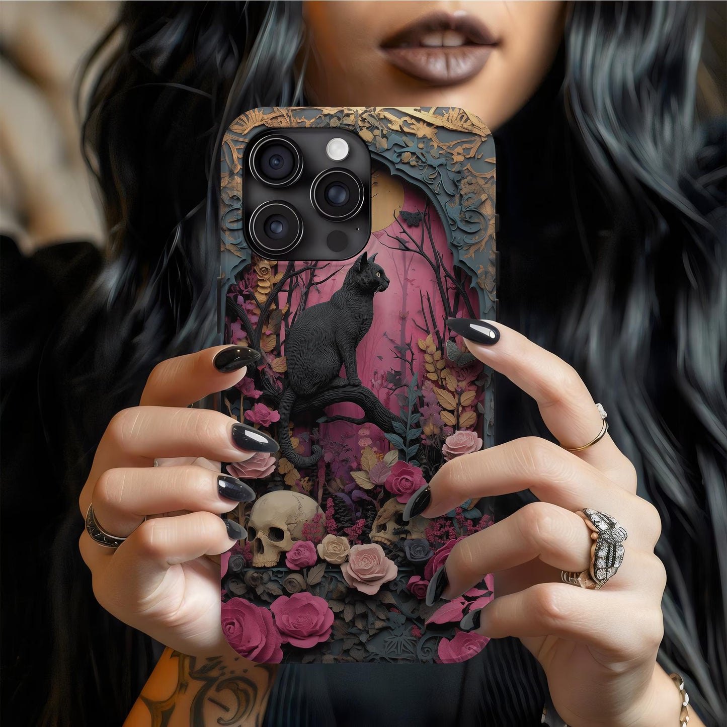 Gothic Cat & Floral Skulls Phone Case